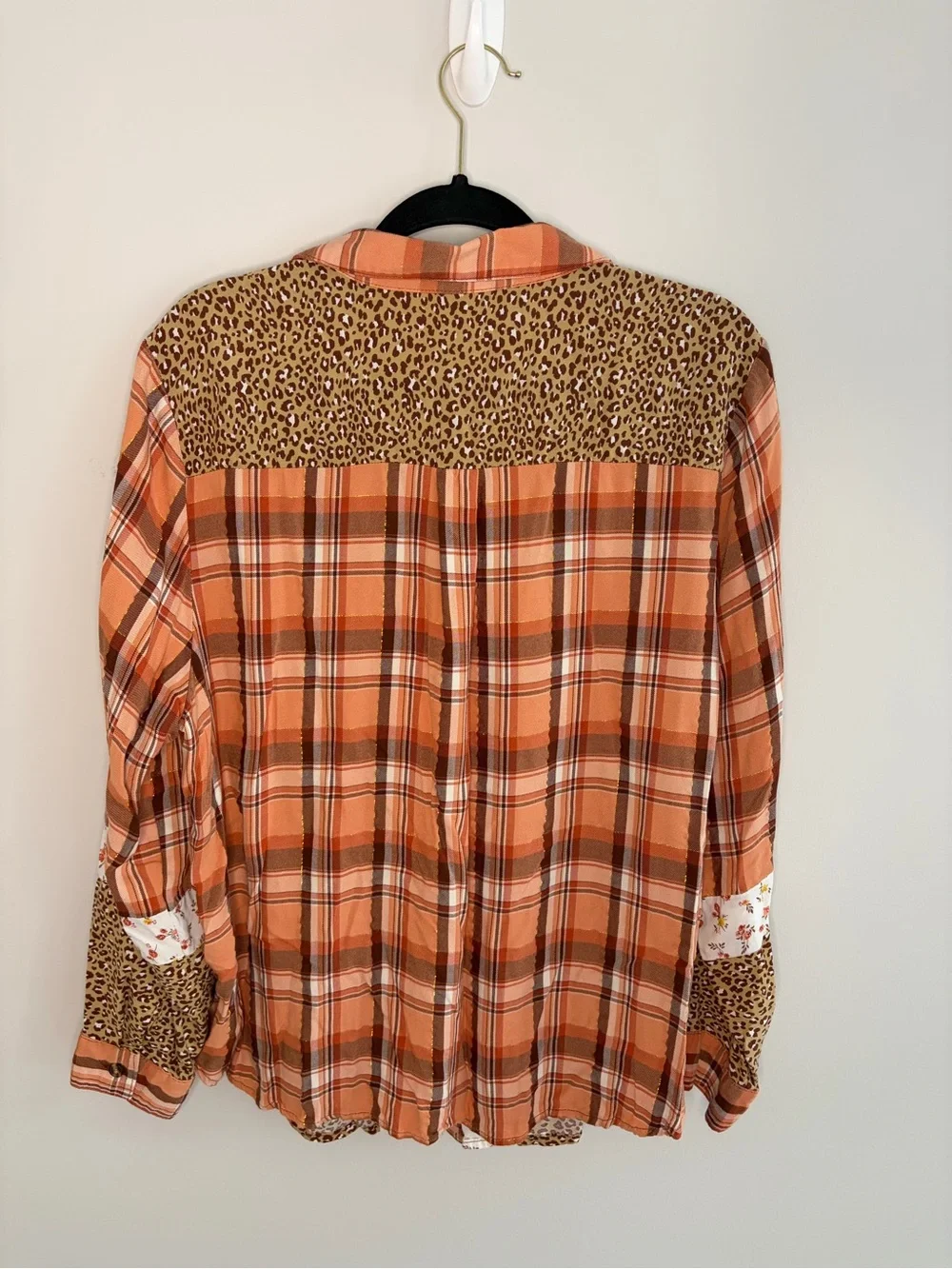 Cato Plaid & Leopard Mixed-Print Button Front Blouse - Rust/Tan - Picture 4 of 7